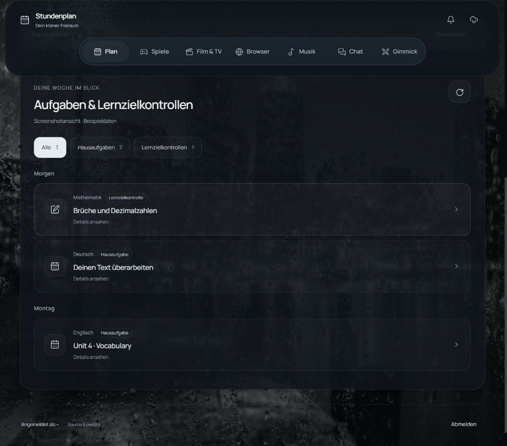 Aktueller Stundenplan mit Aufgaben und App-Auswahl
